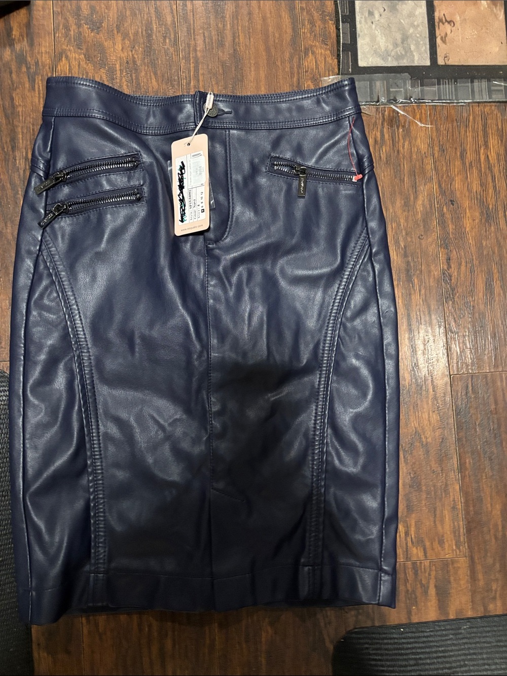 Women’s Navy Faux Leather Pencil Skirt with Zip Pockets#008 W13, L35
